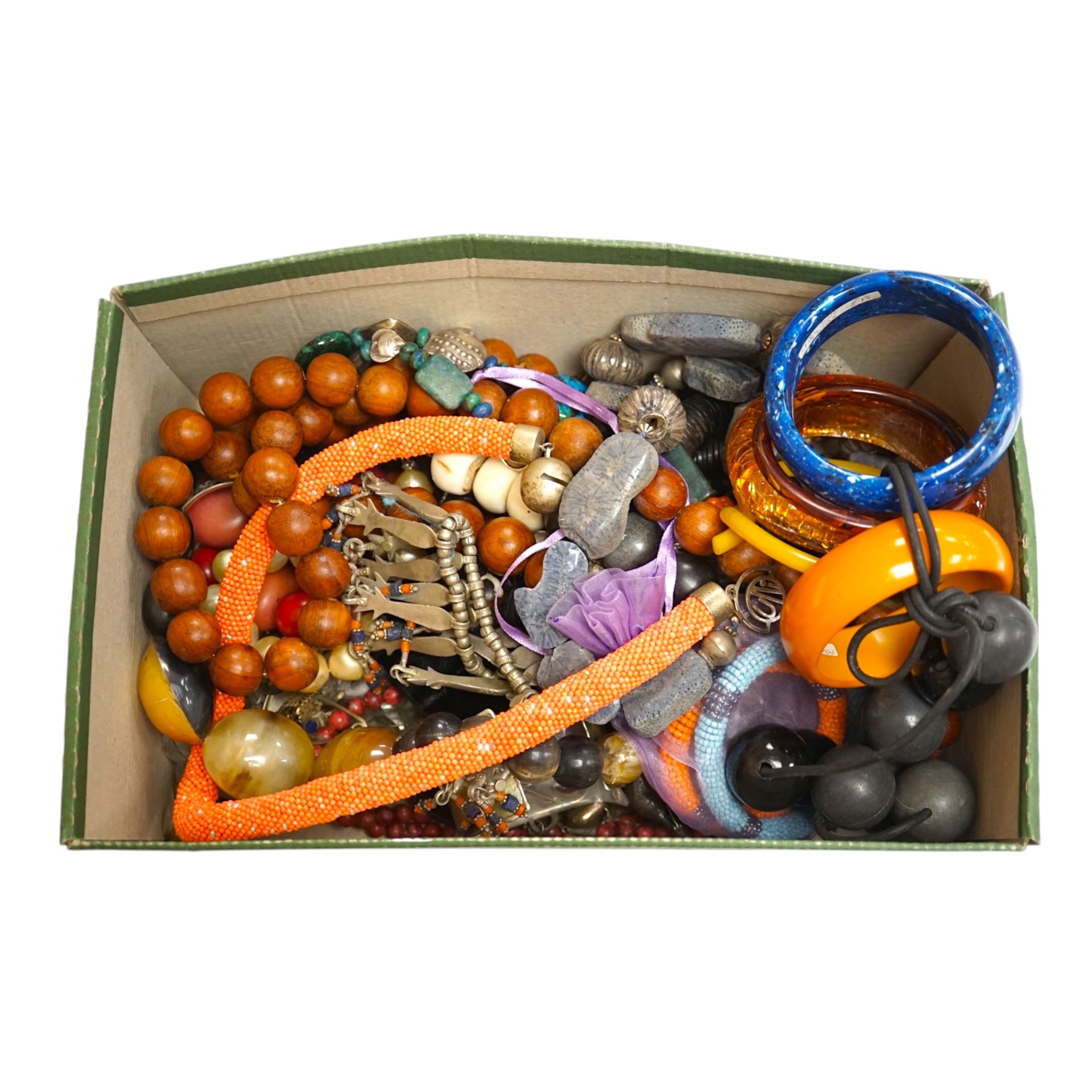 A quantity of assorted early 20th century and later jewellery, including costume, 925 earrings, white metal bangles, rock crystal bracelet, carved jade earrings, lapis lazuli earrings, amethyst earrings, coral branch nec